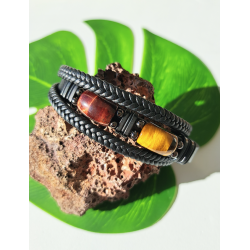 Bracelet homme pierres naturelles, cuir, acier inoxydable, oeil de tigre et oeil de taureau.