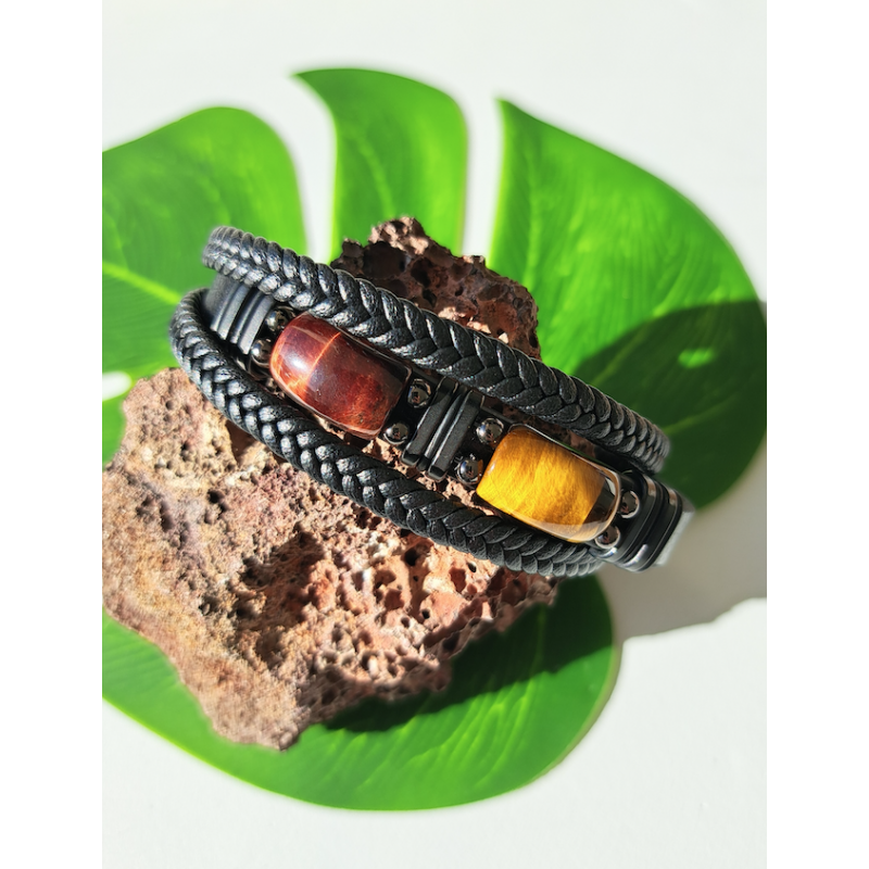 Bracelet homme pierres naturelles, cuir, acier inoxydable, oeil de tigre et oeil de taureau.