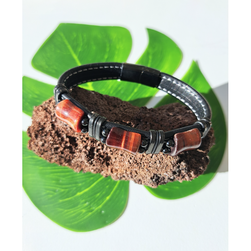 Bracelet homme pierres naturelles Oeil de taureau, cuir, acier inoxydable.