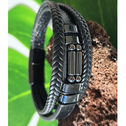 Bracelet Homme Hématite, cuir et acier inoxydable. Coffret