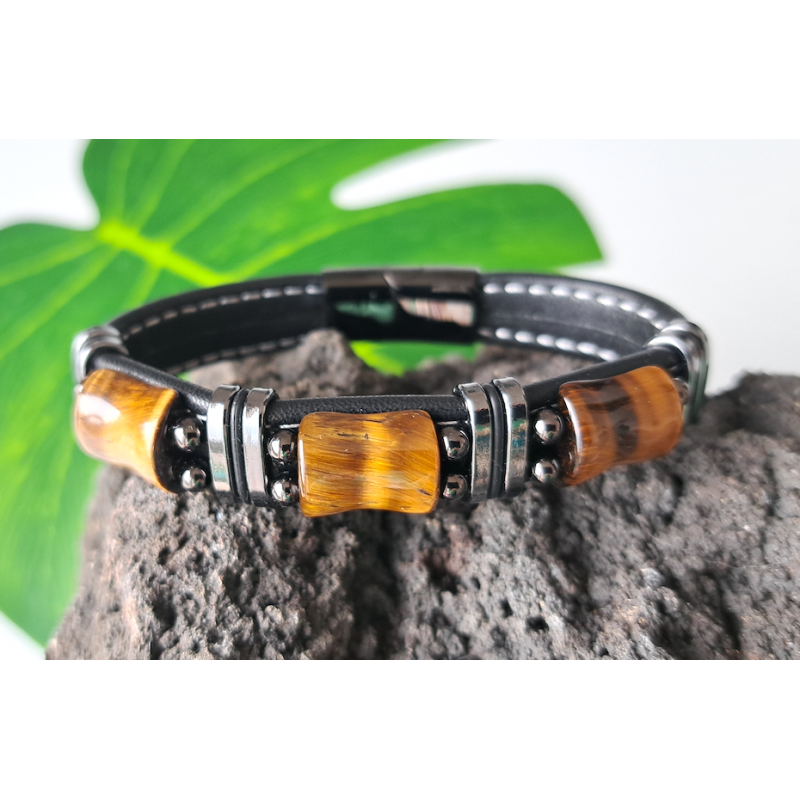 Bracelet homme 21 cm Oeil de tigre, cuir et acier inoxydable